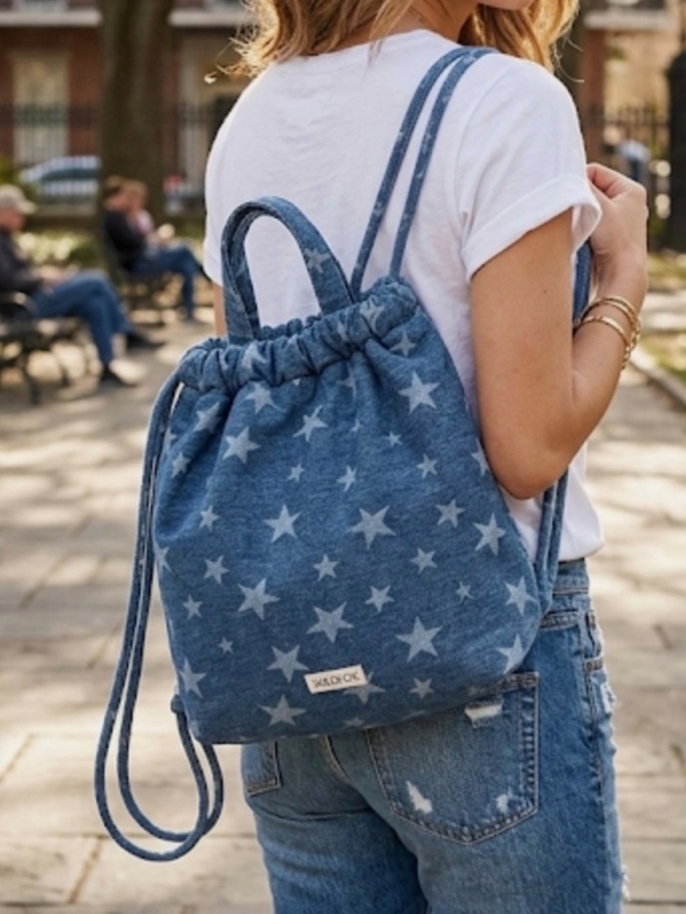 Wildfox Blue Star-Print Denim Drawstring Backpack